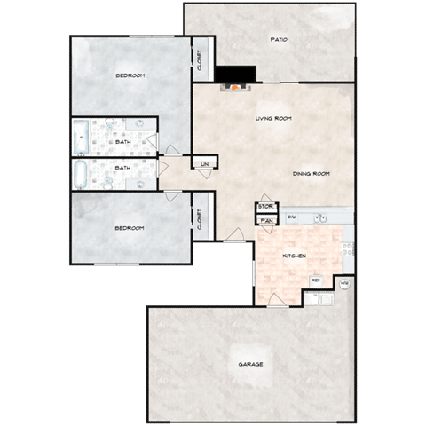 Floor plan for 2 beds, 2 baths, 970 sqft